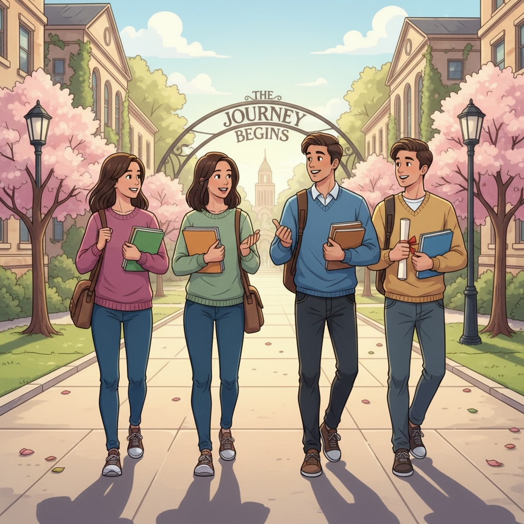 Students starting their new journey on a university campus after transitioning from home education and high school