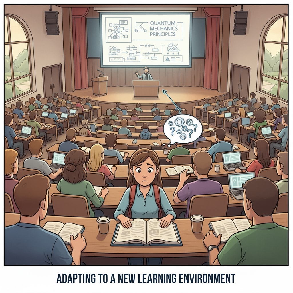 A home-educated student facing challenges in adapting to the new learning environment in a university lecture hall