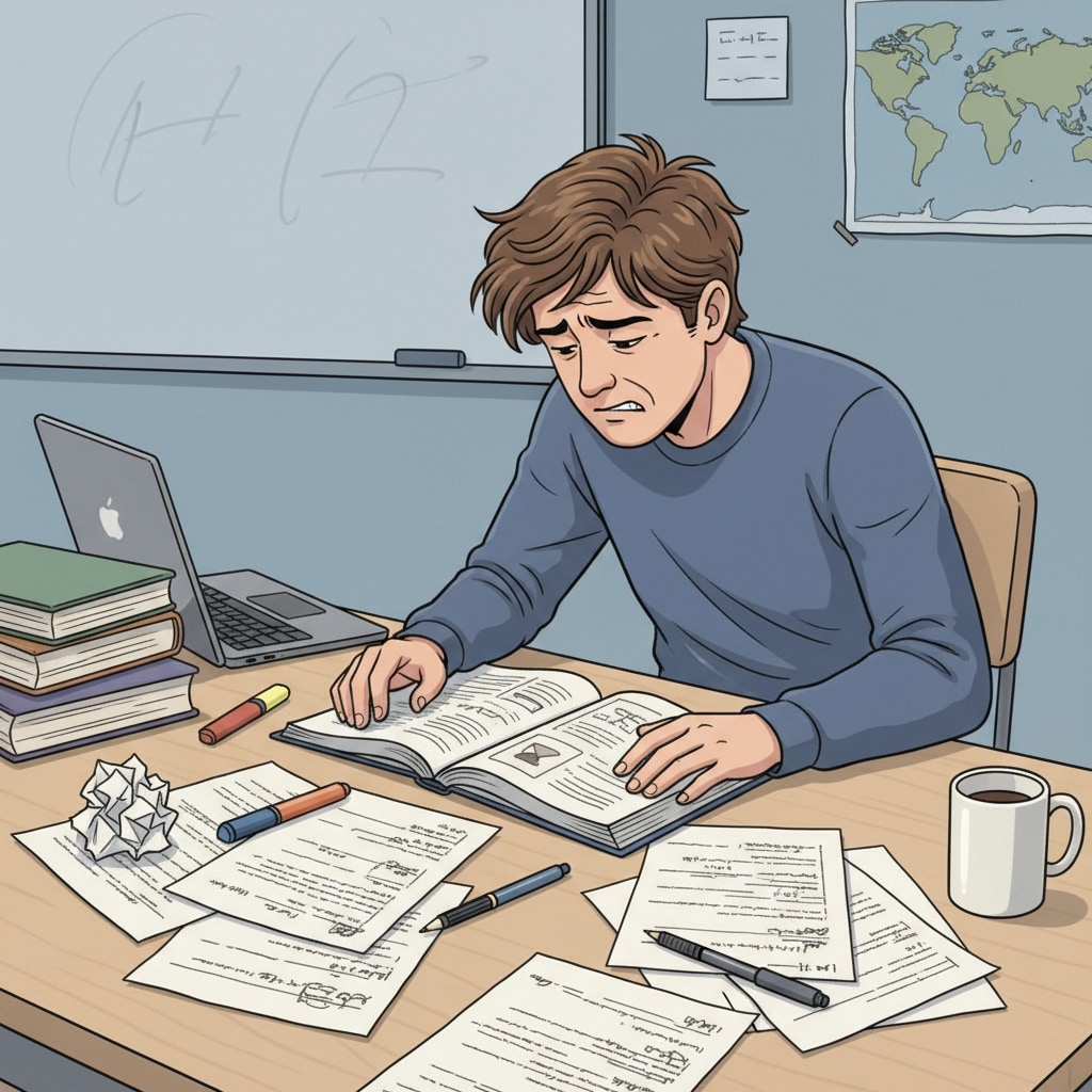 A worried student studying textbooks due to concerns about knowledge gaps in medical school preparation