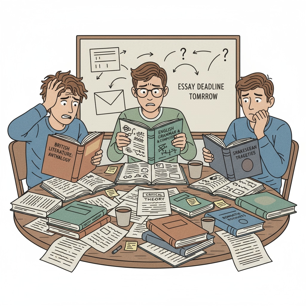 Students under stress while studying English and literature materials