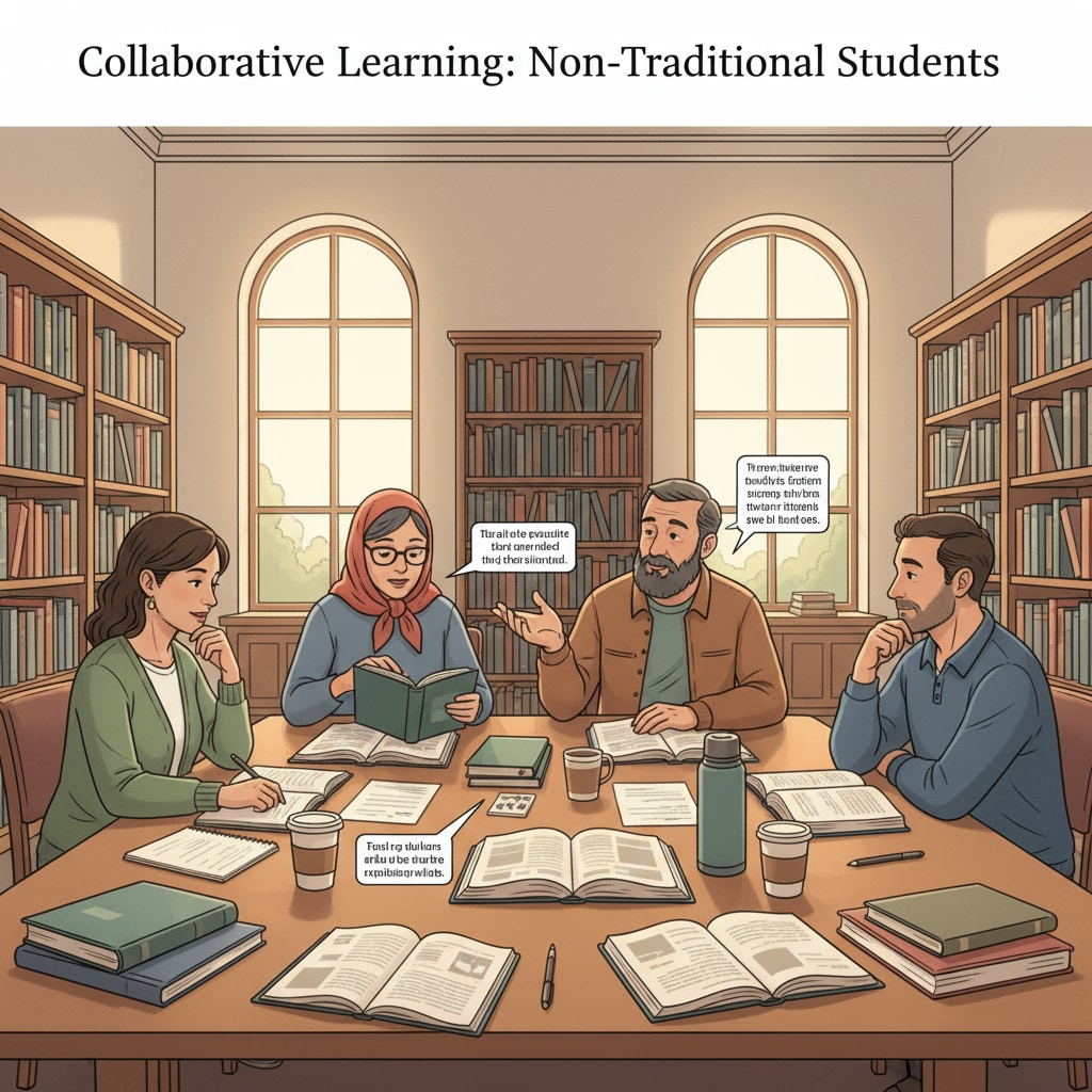 Non-traditional college students studying together, related to college, late enrollment, psychological adjustment