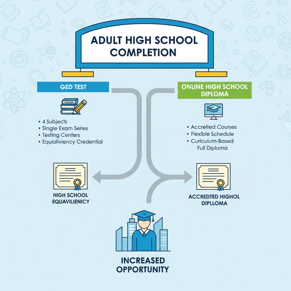 Two options for adult high school completion - GED test and online high school diploma for college applications