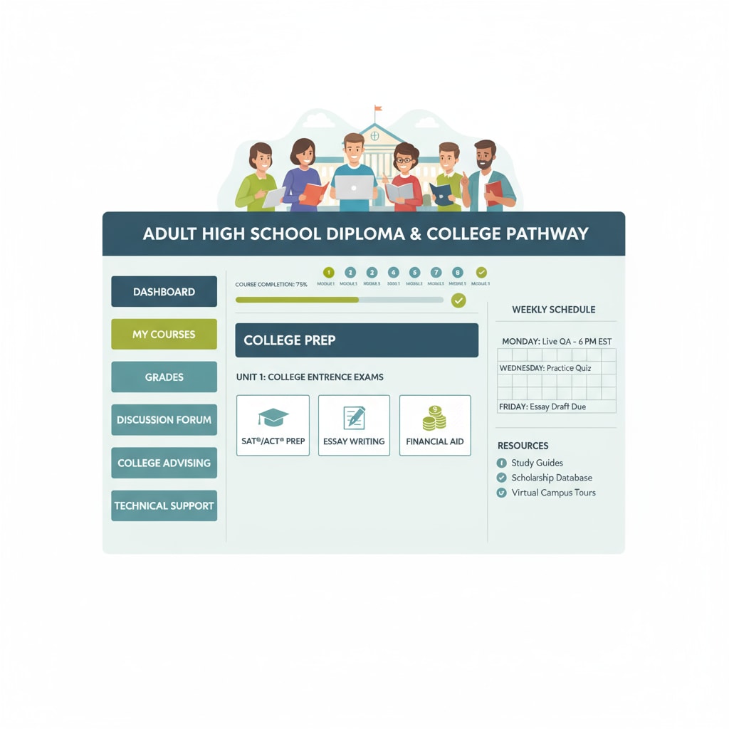 Online high school course interface for adult learners pursuing a high school diploma for college applications