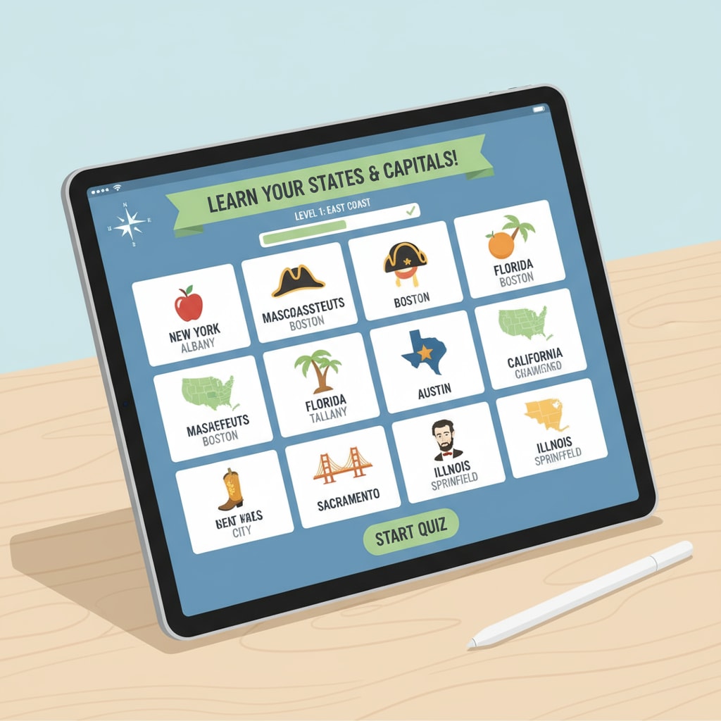 State capital learning app interface with states and capitals displayed