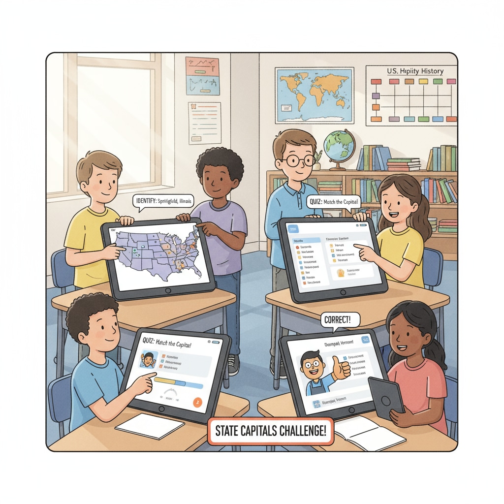 Students using state capital learning apps in a classroom setting
