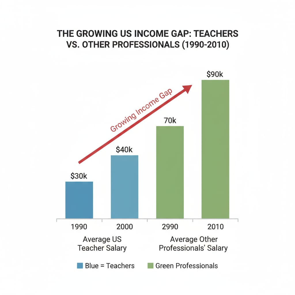 A graph showing the income gap between US teachers and other professionals related to teacher salaries, income gap, and teacher shortage
