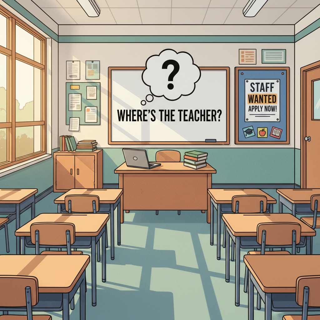 An empty teacher's desk in a classroom depicting teacher shortage in relation to teacher salaries, income gap, and teacher shortage