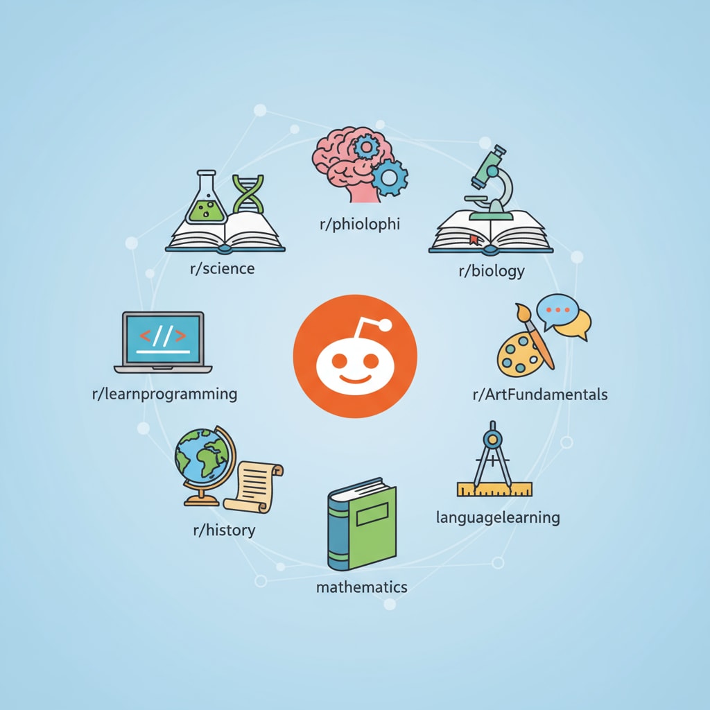 Illustration of Reddit education community with subreddit icons