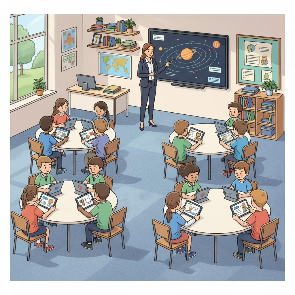 Modern primary education classroom with innovative teaching methods and use of technology