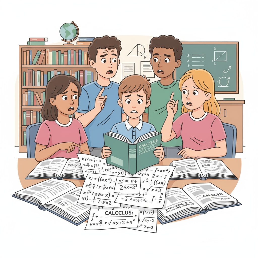 High school freshmen showing confusion while looking at calculus books, related to parental expectations in high school education