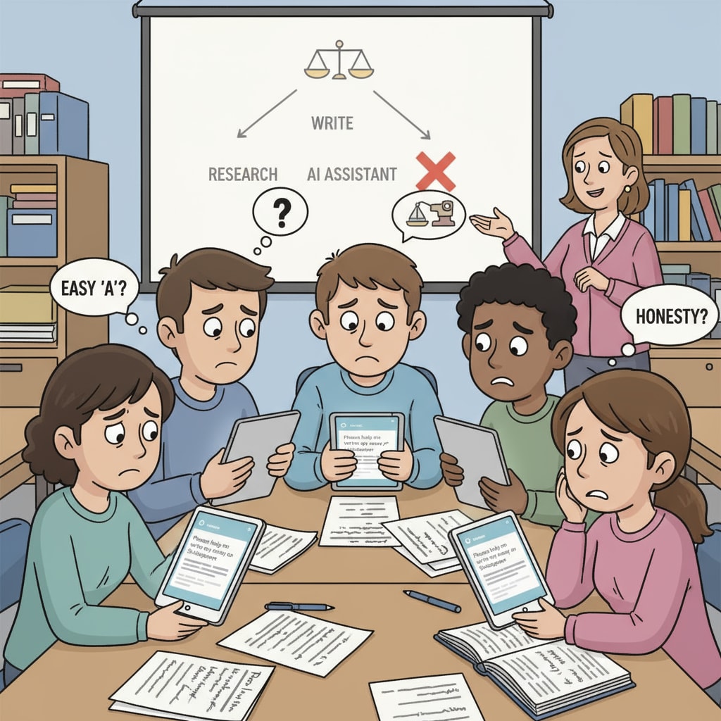 Students in a classroom facing moral dilemmas with ChatGPT use in academic tasks