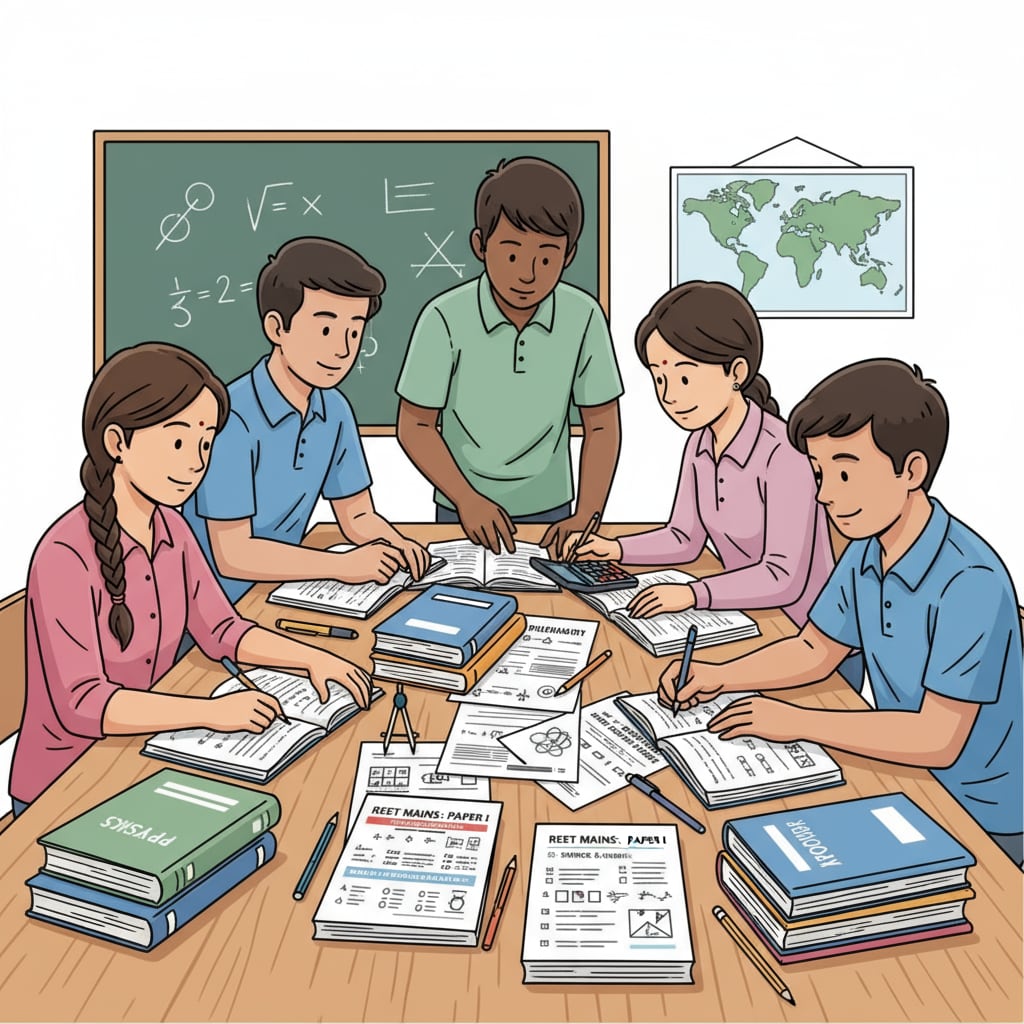 Students studying science and math materials for REET Mains