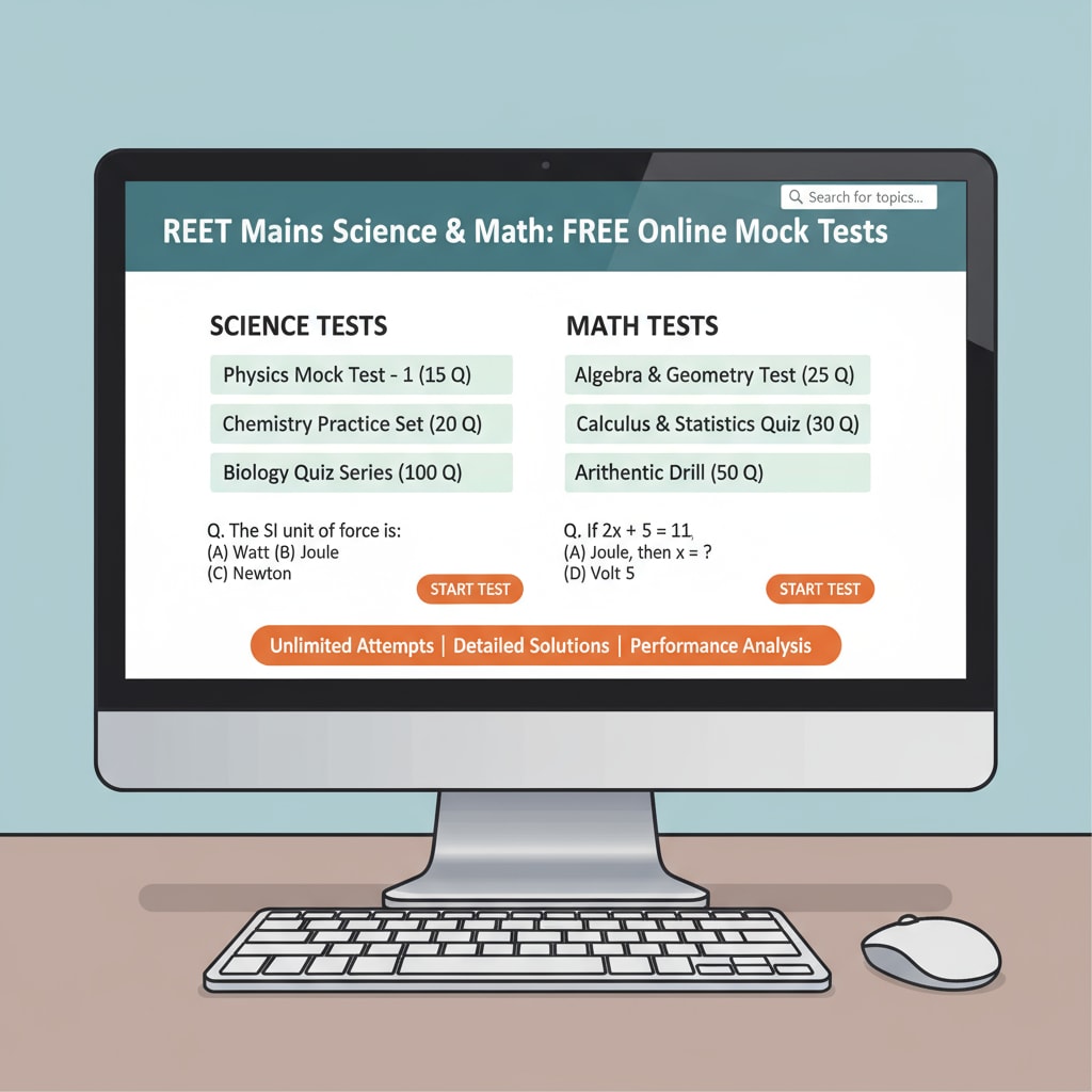 A computer screen showing free online test resources for REET Mains science and math