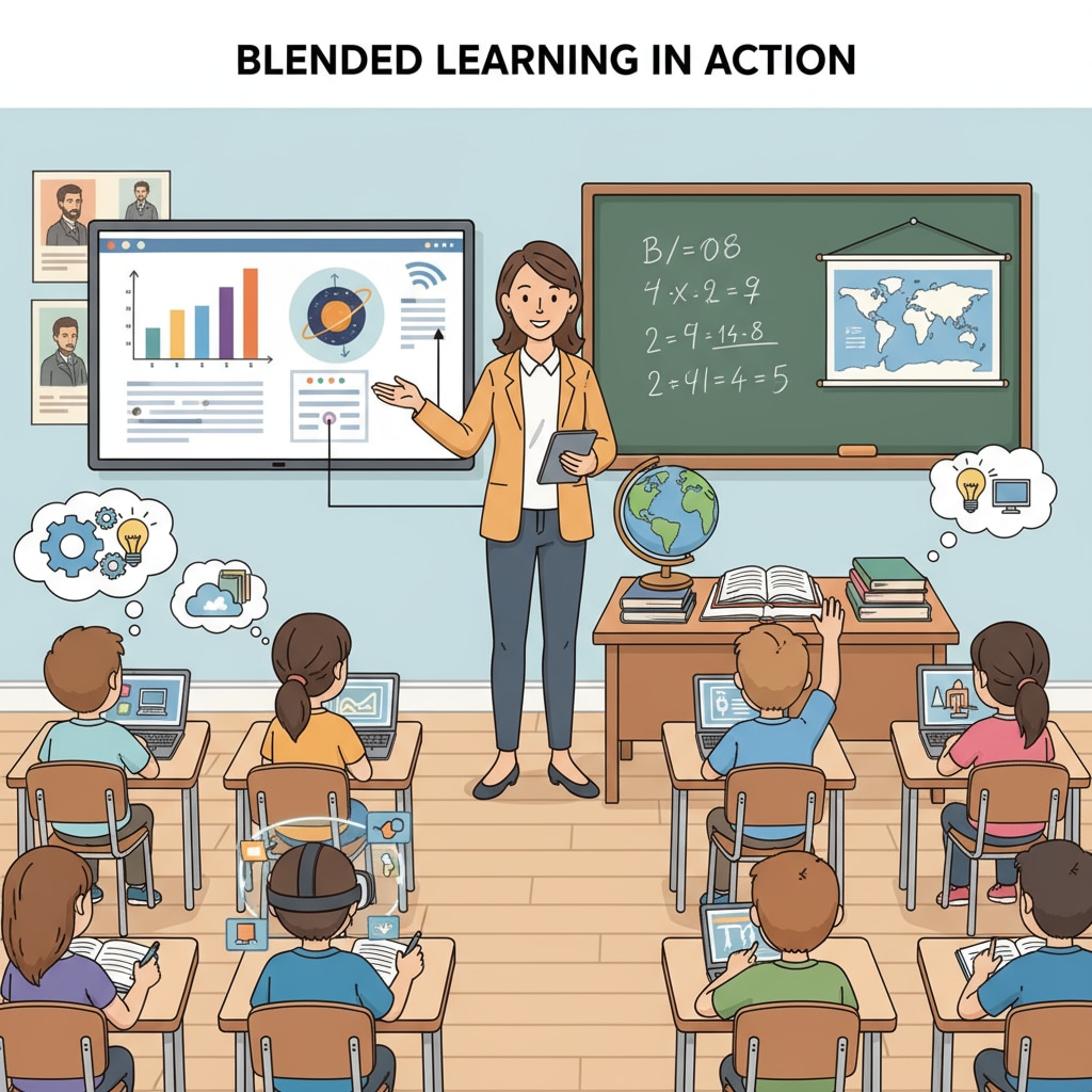 A classroom scene demonstrating blended teaching cycle, transmissive and guiding teaching in educational theory
