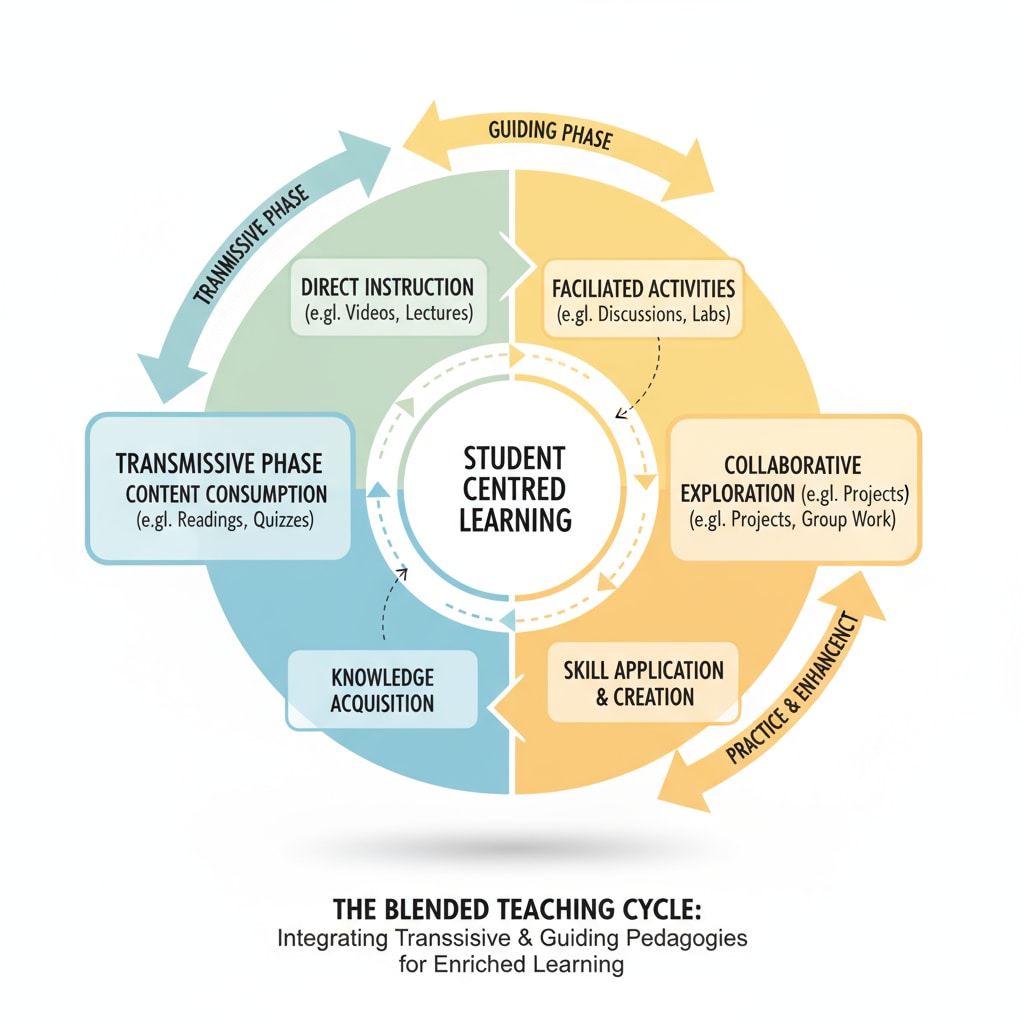 Diagram of the blended teaching cycle in educational theory with transmissive and guiding elements