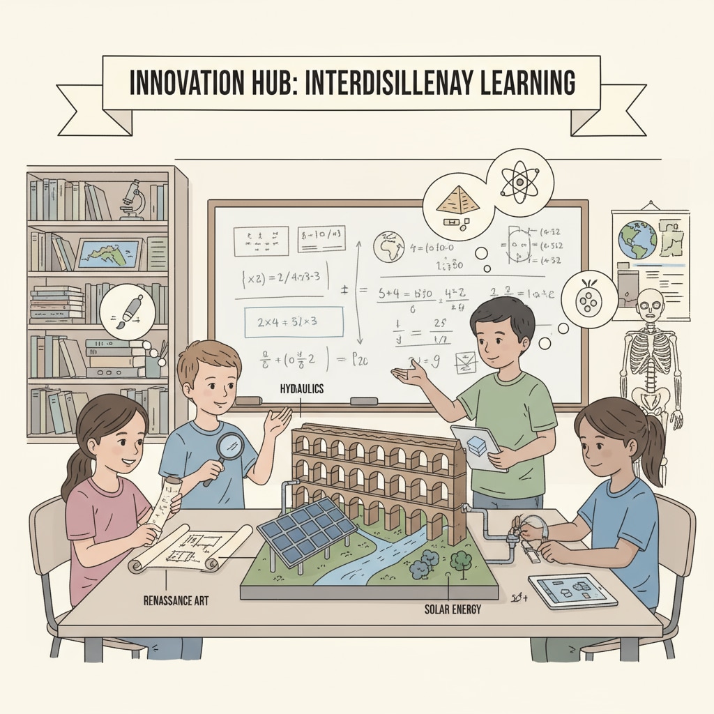 A group of K12 students are working together on a project that combines different subjects like science, art, and history. They are discussing ideas, looking at diagrams, and creating a model. K12 students engaged in interdisciplinary project with personal curriculum planning and learning resources