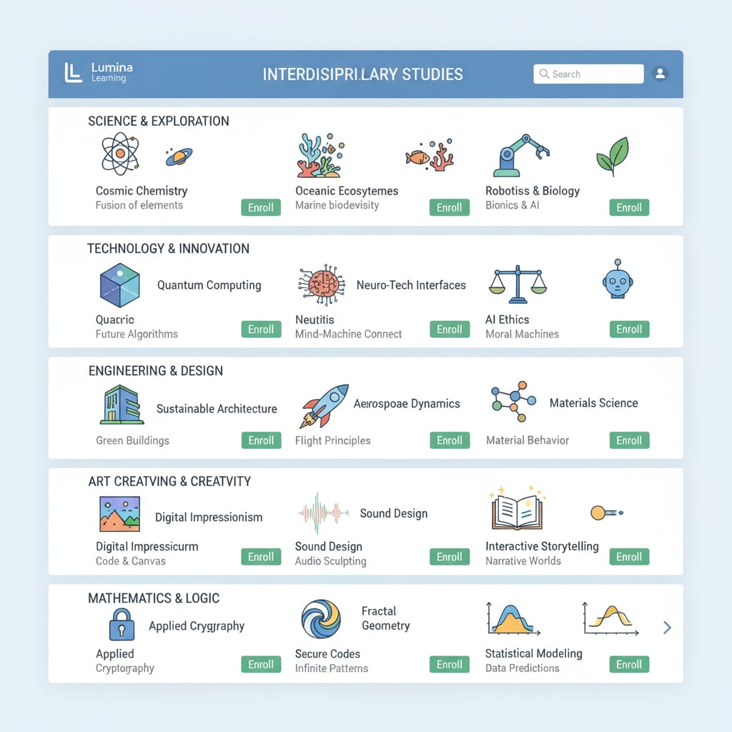 The interface of an online learning platform displays a variety of interdisciplinary courses, including those related to science, technology, engineering, art, and mathematics. There are course thumbnails, descriptions, and enrollment options visible. Online learning platform with interdisciplinary courses for K12 students' personal curriculum planning