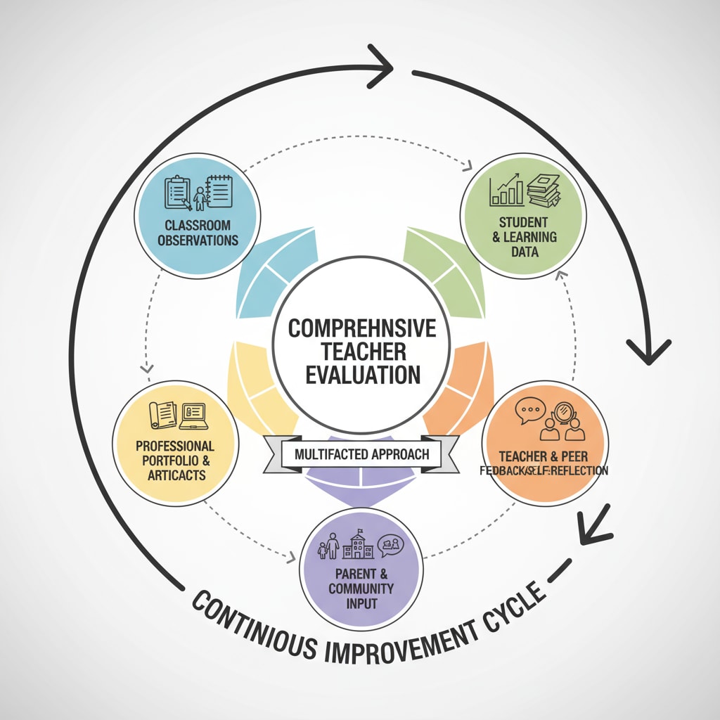 A graphical representation of the different elements that make up a comprehensive teacher evaluation system, highlighting the need for a multifaceted approach. Graph showing the components of a multidimensional teacher evaluation system relevant to work environment and management dilemmas