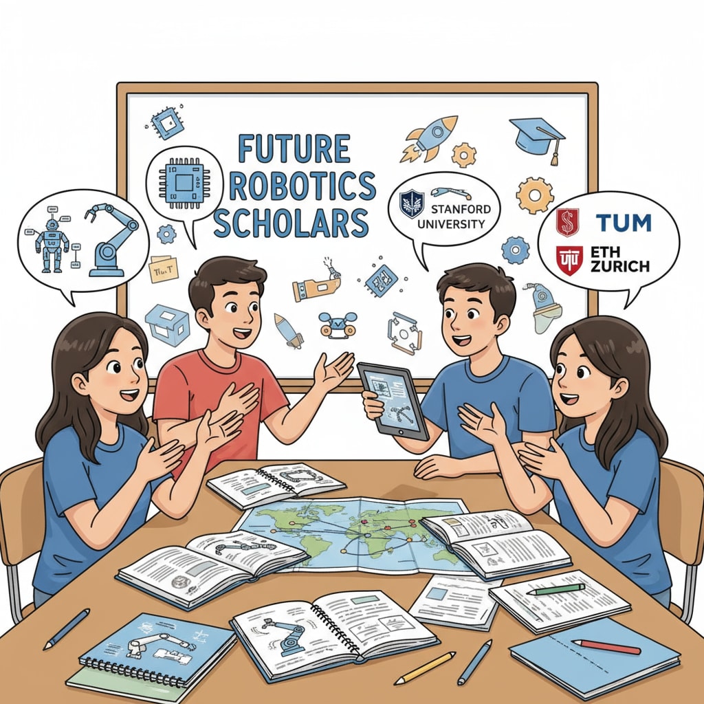 A group of Filipino students are gathered around a table, animatedly discussing their aspirations of studying robotics in foreign universities, with open books and notes about different robotics programs. Filipino students discussing their dreams of studying robotics abroad, highlighting the aspects of robotics master's, study abroad choices, and potential student debt.