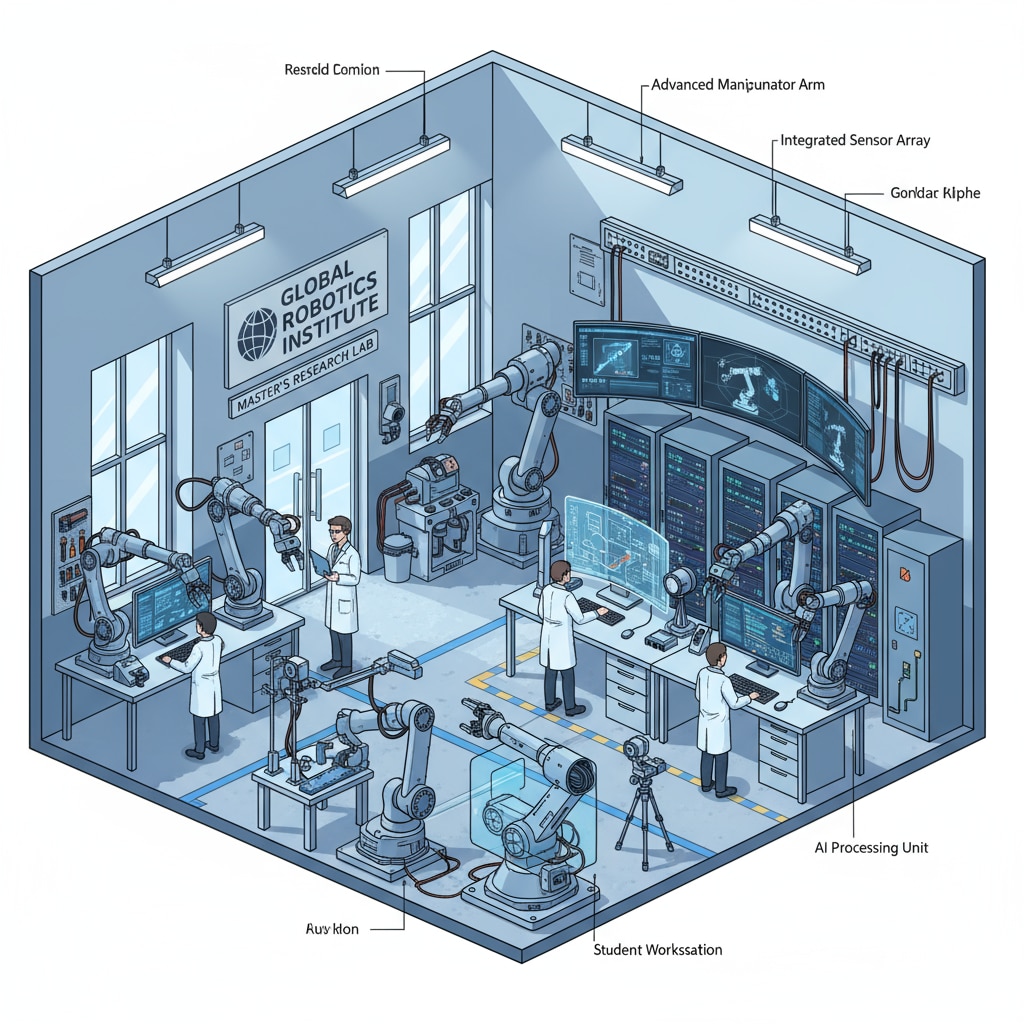 A modern and well-equipped robotics laboratory in a foreign university, with advanced robotic arms, sensors, and computer systems, representing the kind of facilities students can access while studying abroad for a robotics master's. Modern robotics lab in a foreign university, relevant to the study of robotics master's abroad and the associated educational and financial considerations.