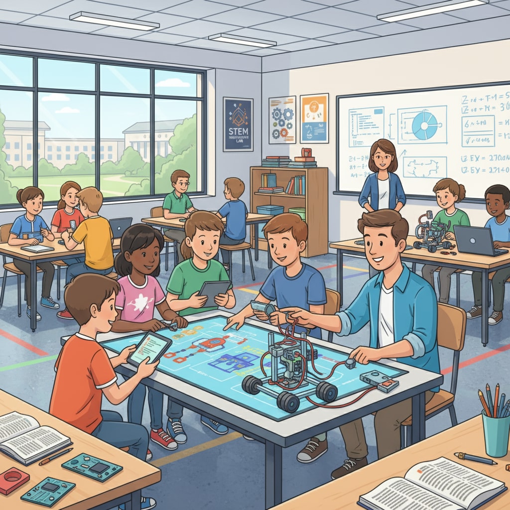 Students and teachers collaborating on a STEM project, highlighting the importance of partnerships in STEM education and the utilization of educational resources.
