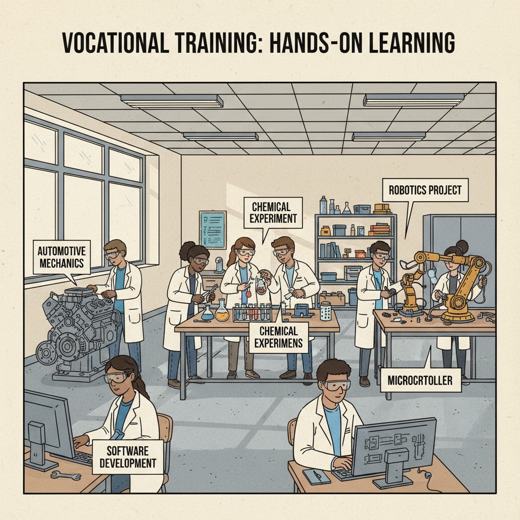 Students in a vocational education classroom, demonstrating skills relevant to higher education, investment returns, vocational education, and career directions