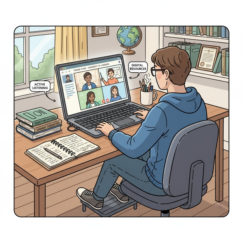 A student concentrating on an online class to enhance productivity and maintain mental health