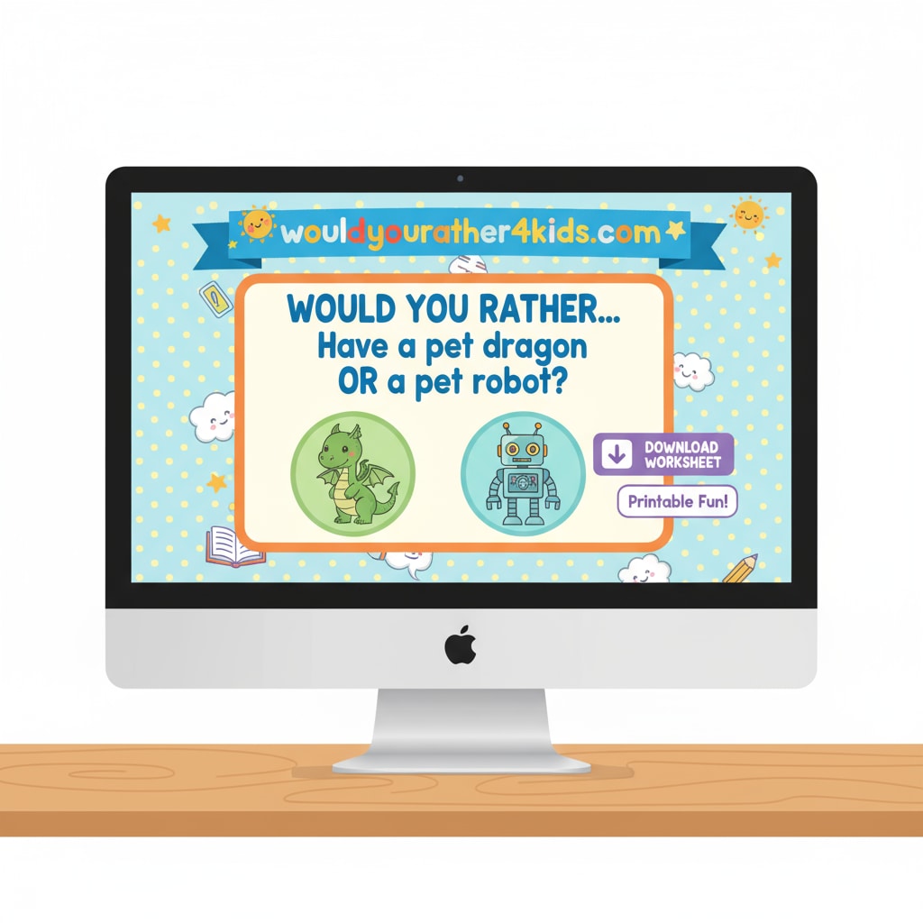 Screenshot of the wouldyourather4kids.com website, showcasing 'Would You Rather' educational resources and worksheets.