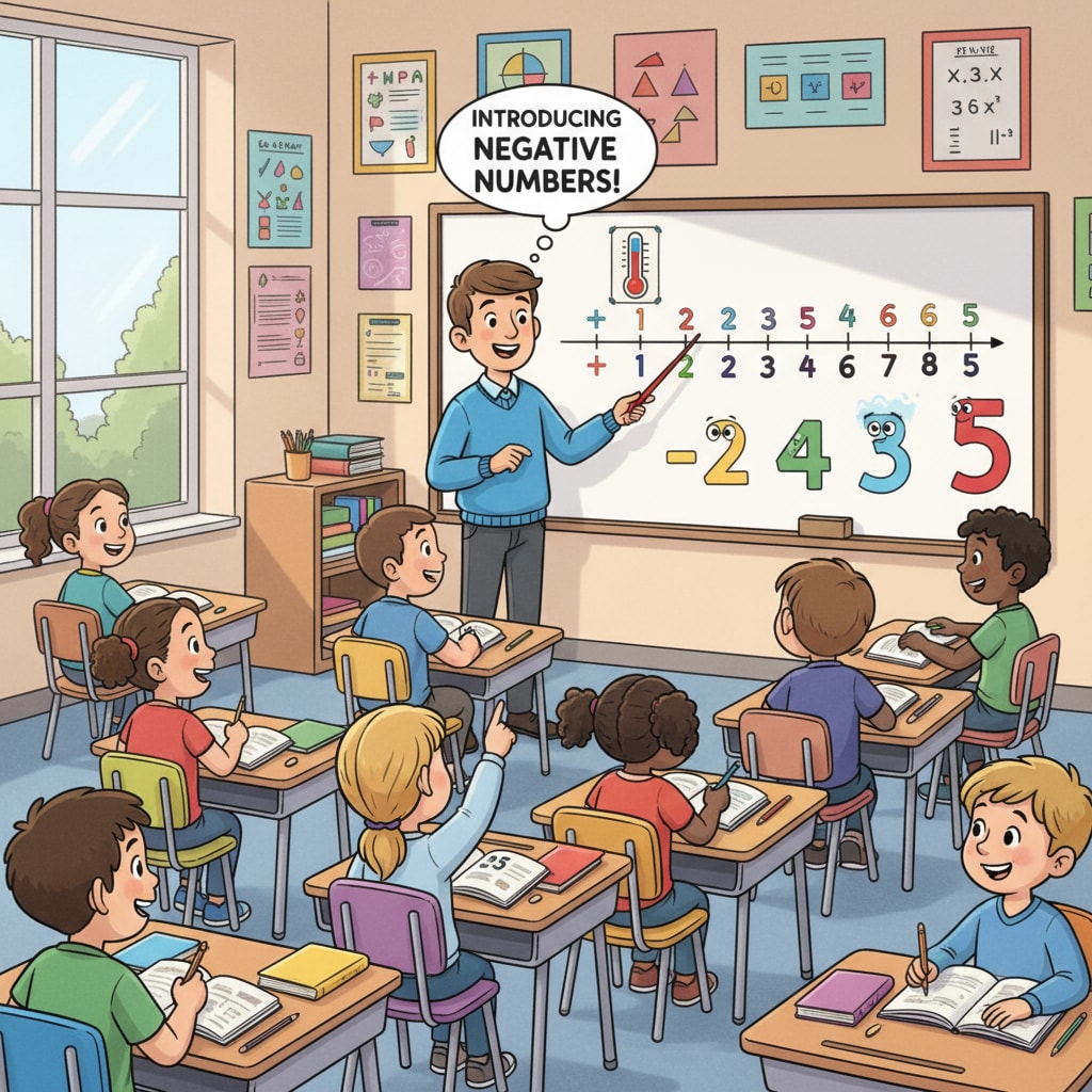Fourth graders in a classroom setting, potentially learning about negative numbers and demonstrating their mathematical comprehension abilities.