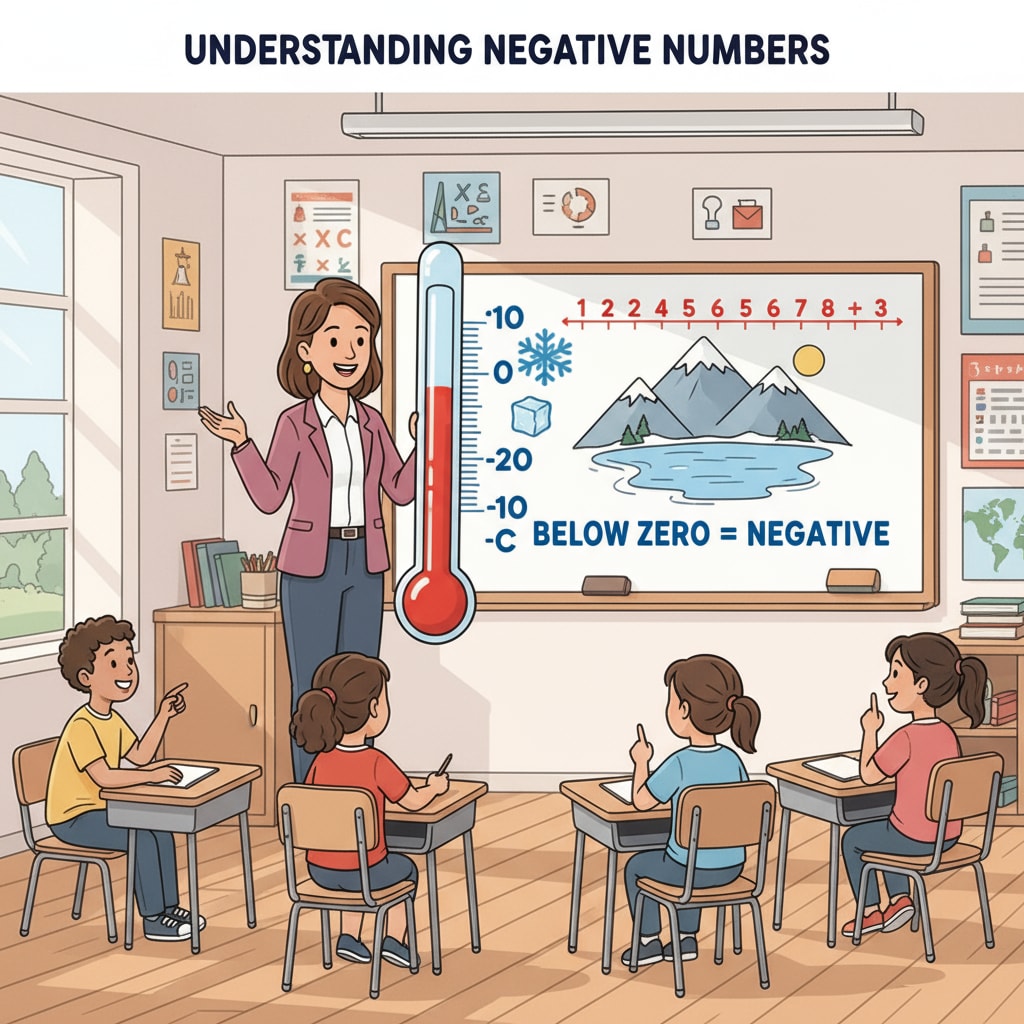 A teacher using a thermometer to teach fourth graders about negative numbers, which is related to their mathematical understanding capabilities.