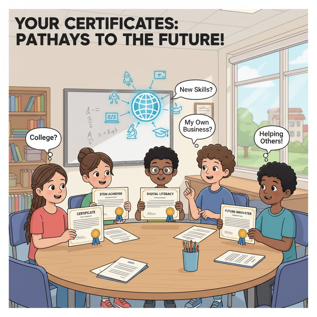 K12 students examining career certificates related to employment value and educational investment