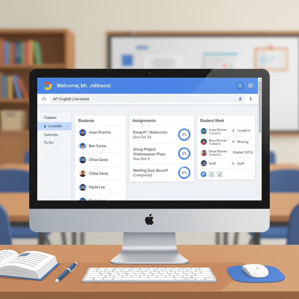 A teacher using Google Classroom to organize student information and improve teaching efficiency through effective time management.