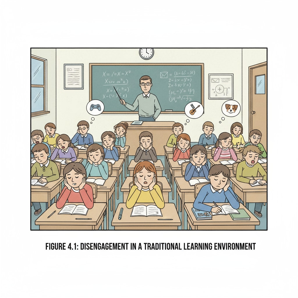 A bored classroom scene representing the ineffectiveness of compulsory learning in the school system.