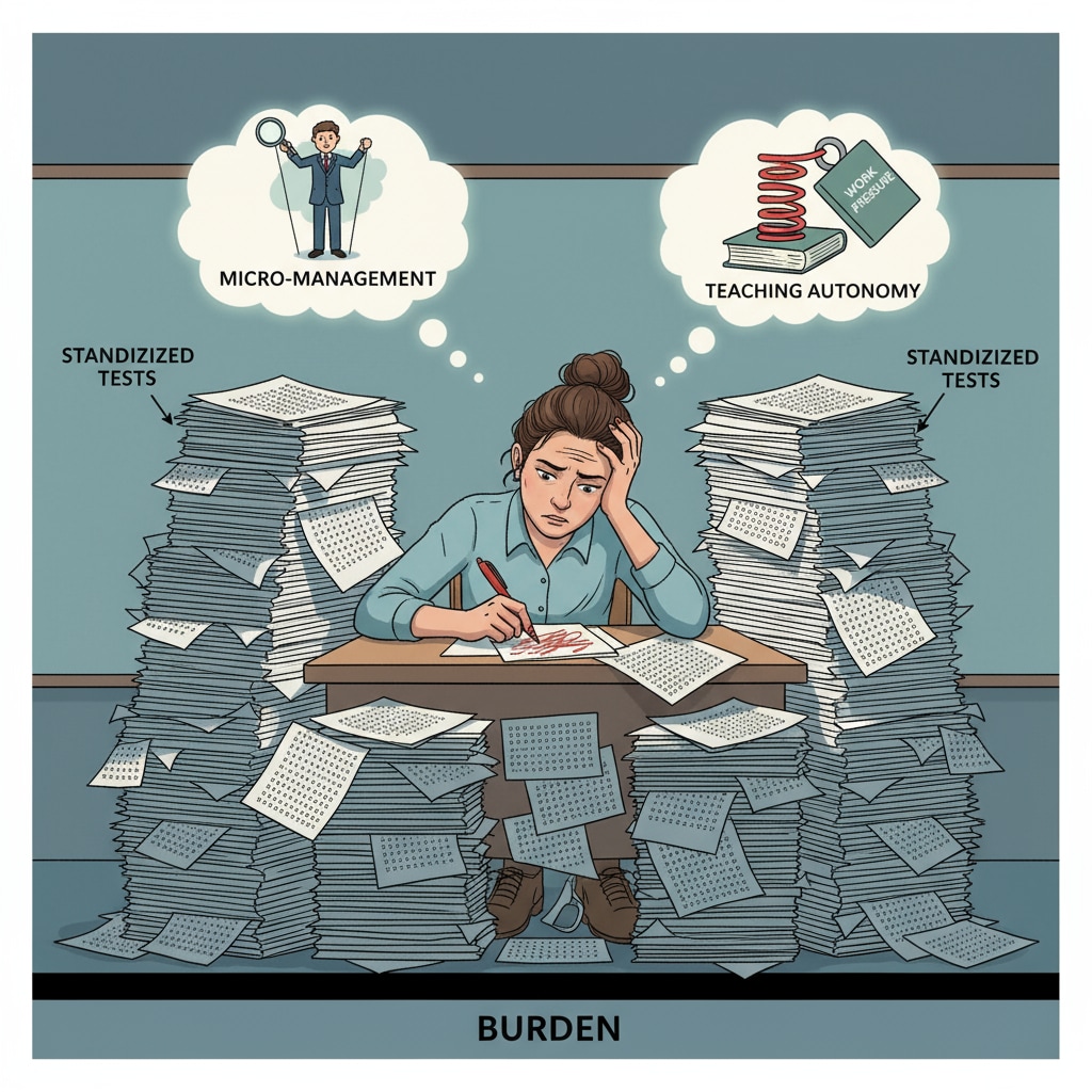A stressed teacher due to standardized testing as a form of micro - management, affecting teaching autonomy and work pressure
