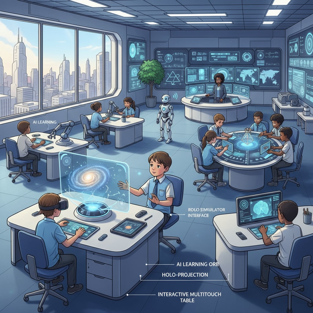 A child interacting with an AI device in a tech - filled classroom related to artificial intelligence in education, machine learning, and educational innovation