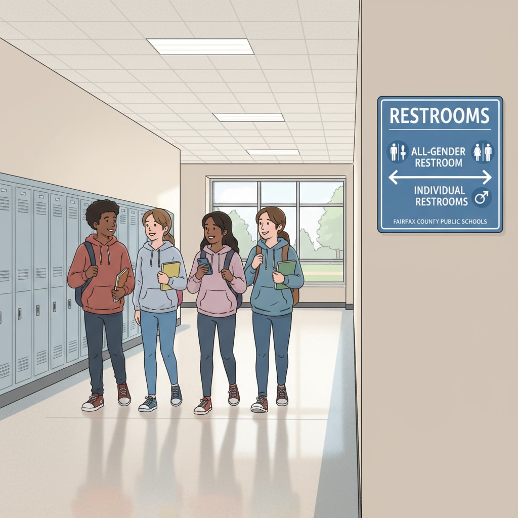 Students walking near a bathroom sign in Fairfax County school related to bathroom gender policy