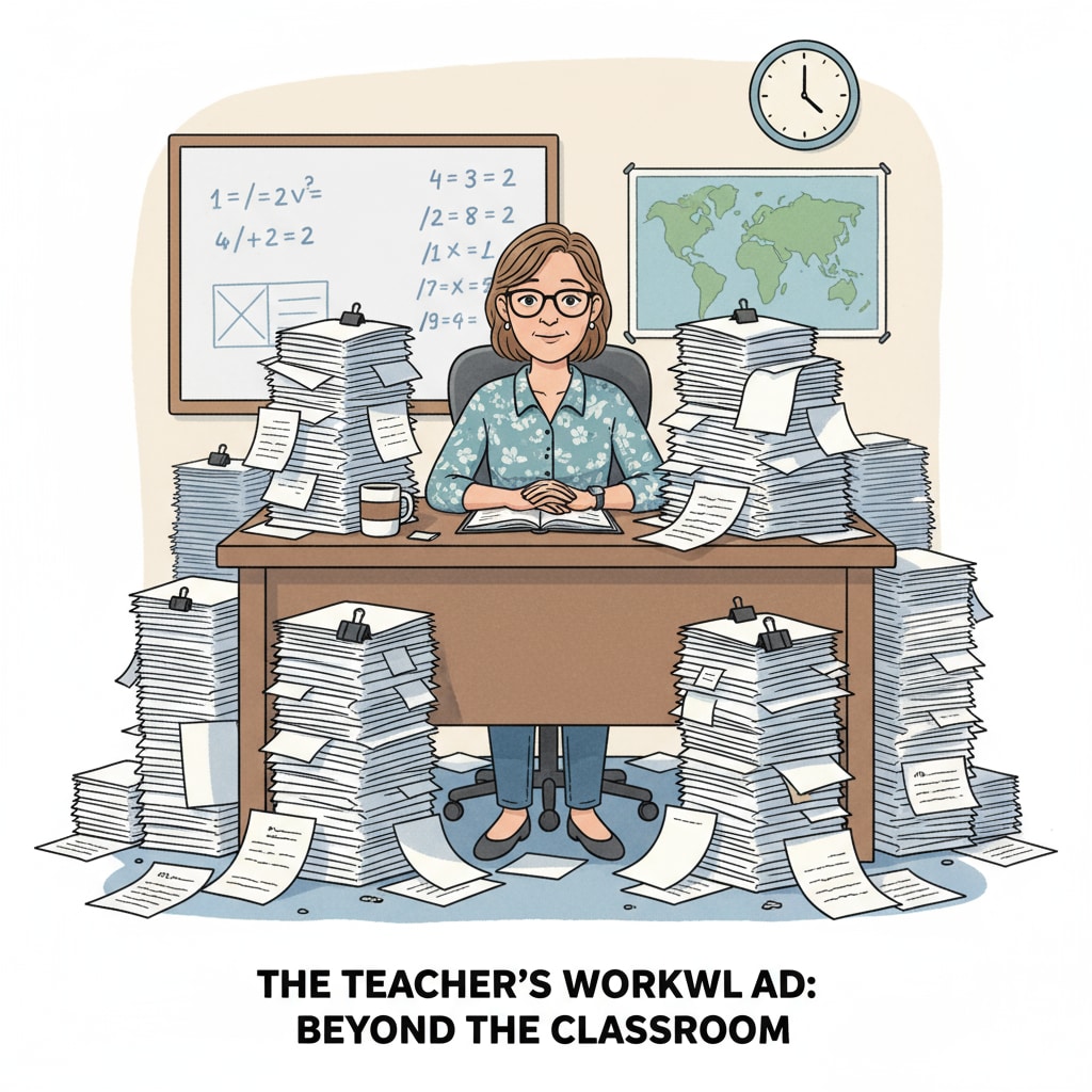 Teacher overwhelmed with grading student papers as part of heavy workload.
