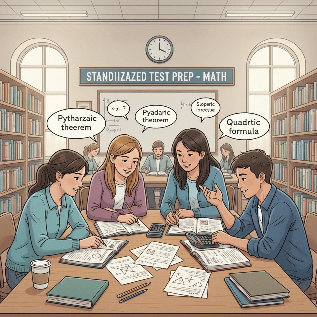 High school students using learning resources to study math for standardized tests in a library