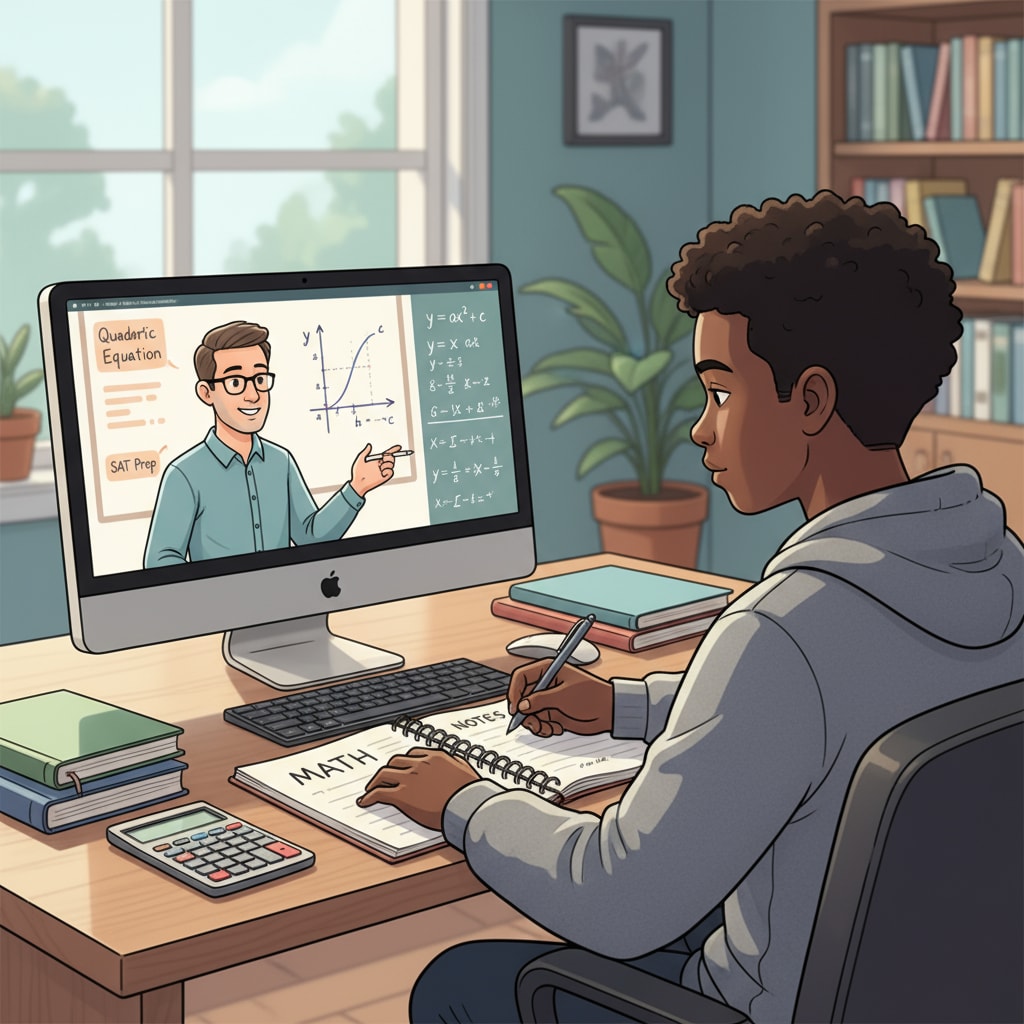High school student having an online math tutoring session as a learning resource for standardized tests