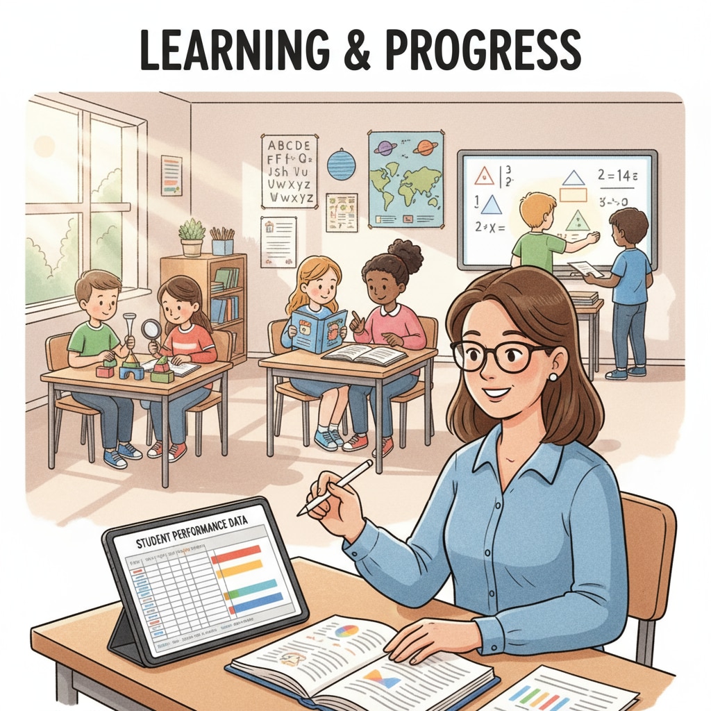 A teacher recording student data amidst an active learning environment, related to data recording, micromanagement, and administrative supervision in education