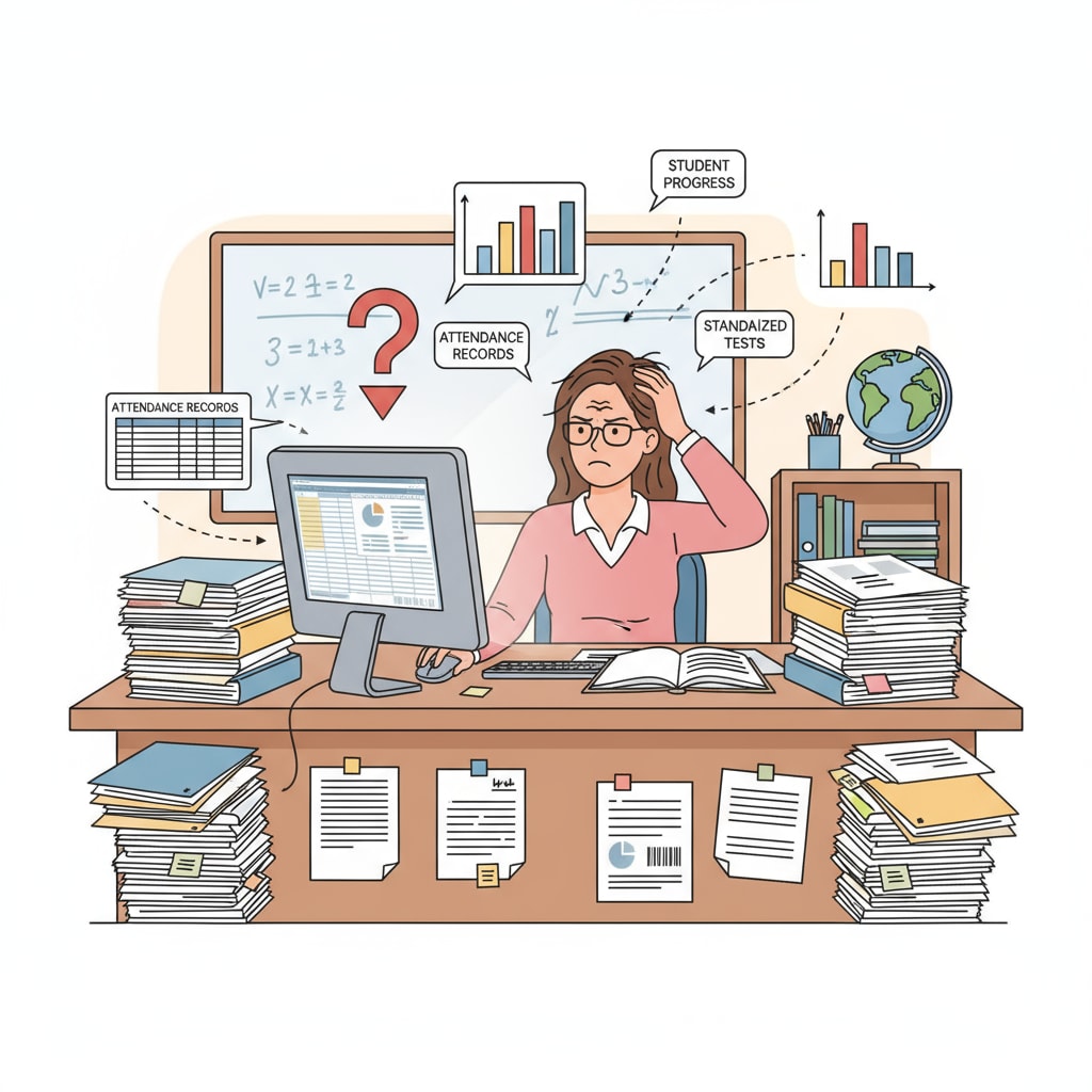A teacher facing the challenge of data recording tasks, highlighting the issues of data recording, micromanagement, and administrative supervision in education