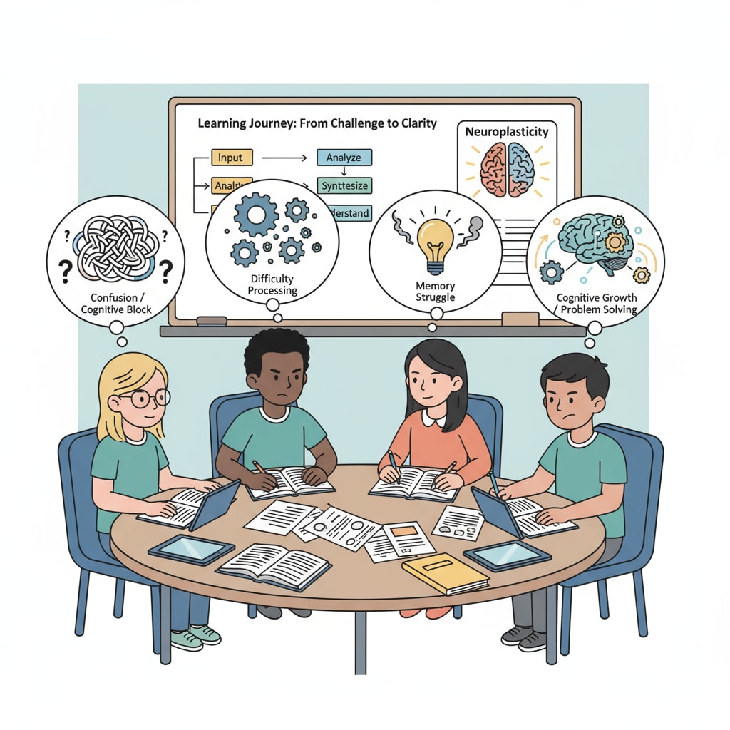 A group of K12 students engaged in deep thought while studying, which is related to their thinking difficulties and cognitive abilities improvement. K12 students showing thinking expressions during study, relevant to thinking difficulties, cognitive abilities, and sleep quality
