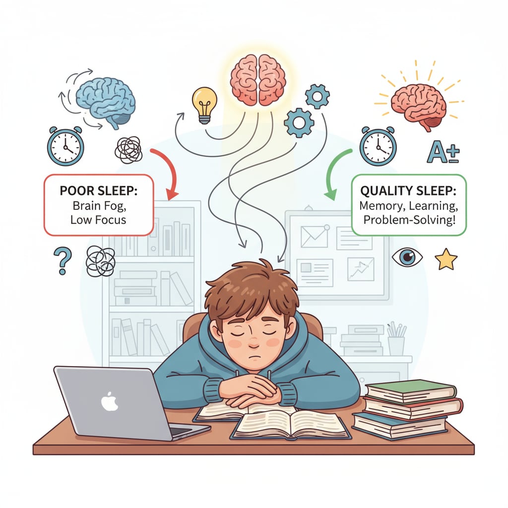 A student enjoying a good sleep, emphasizing the significance of sleep quality for cognitive abilities. A student in a state of good sleep, associated with thinking difficulties, cognitive abilities, and sleep quality
