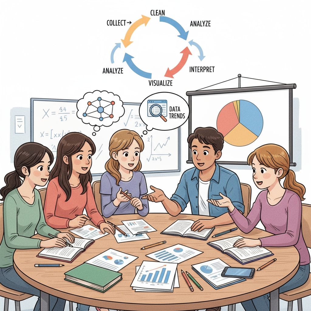 Students discussing data analysis topics for free learning