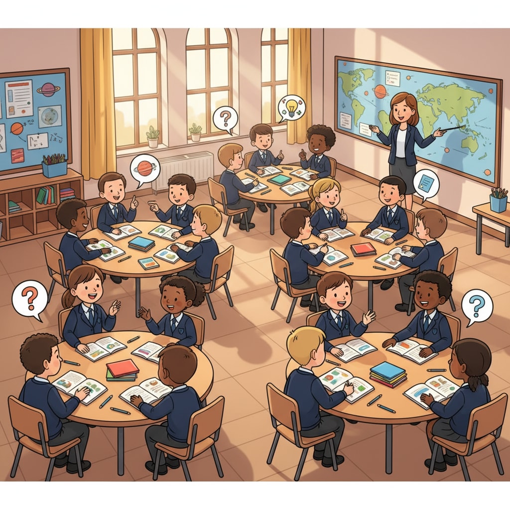 Classroom scene in a UK school related to UK education system, curriculum reform, AI impact, assessment methods