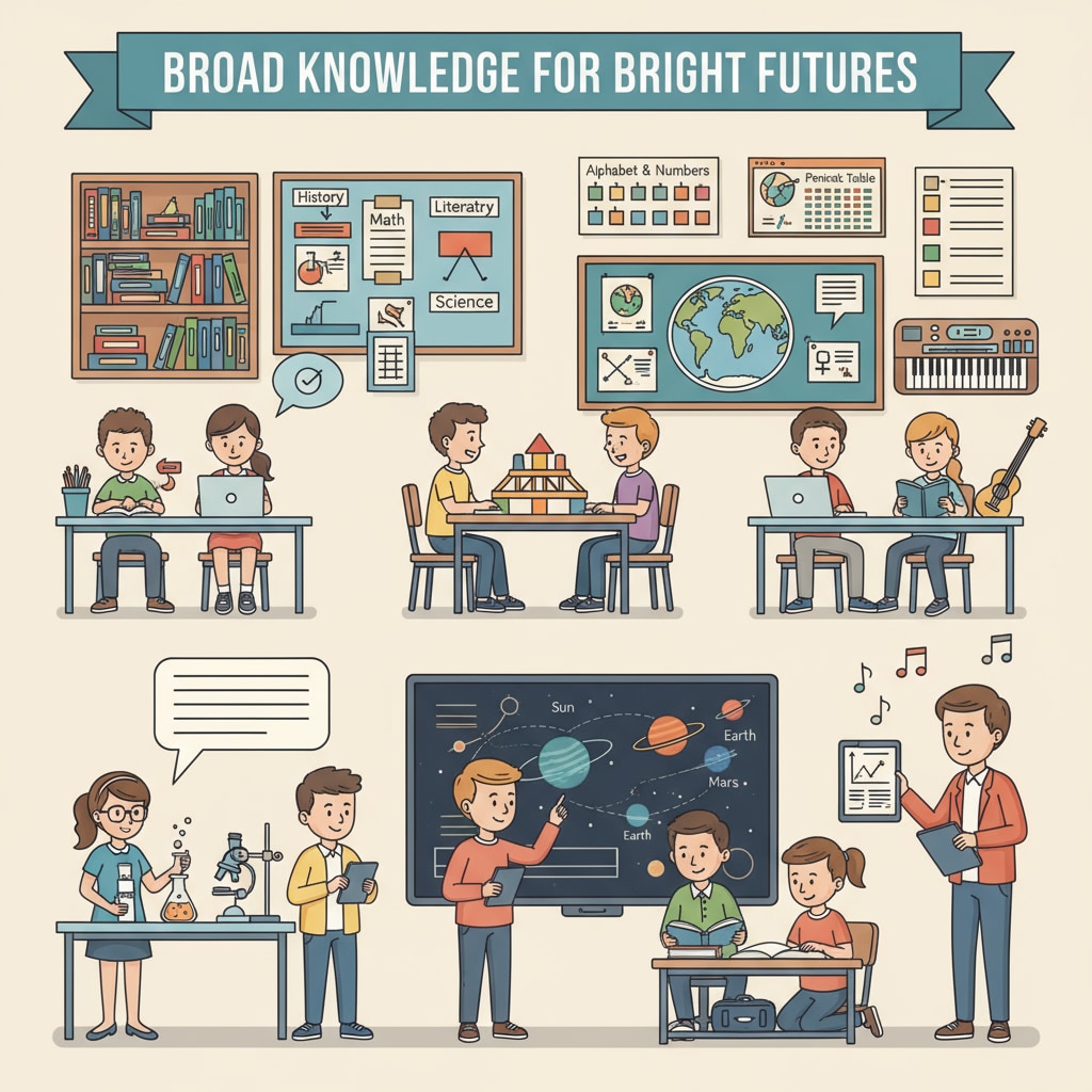 Students learning different subjects in a classroom, indicating the knowledge breadth in public education compared to family education