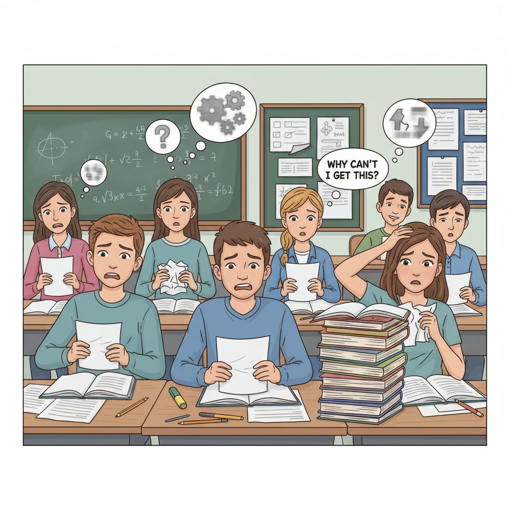 Teenagers experiencing learning anxiety, self-doubt, and learning difficulties while studying.