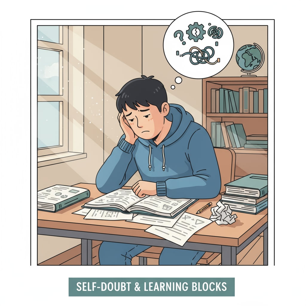 A student showing signs of self-doubt and learning difficulties while at a study desk.