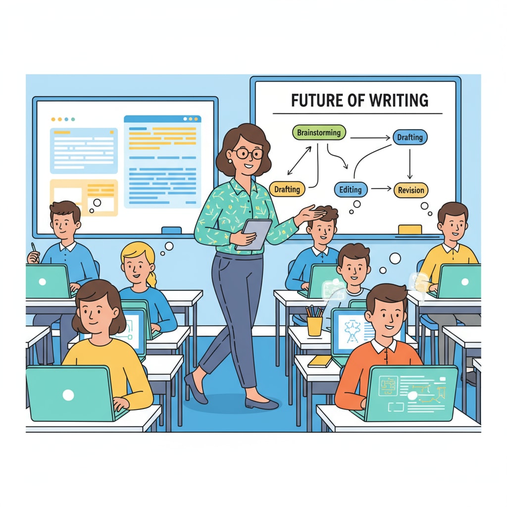 Classroom scene of students using AI for writing instruction and experiencing student writing transformation