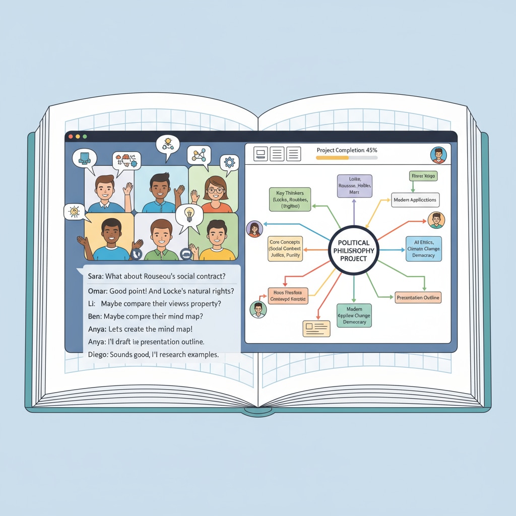 Online classroom interface for students collaborating on a political philosophy project in the context of Islamic thought and ecological ethics